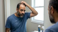 Middle-aged Hispanic man examining hair loss in bathroom mirror, touching scalp with concerned expression for male pattern baldness awareness.