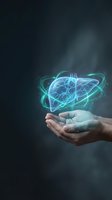 Glowing holographic brain floating above open hands with energy rings and particles on dark background for technology and innovation concepts.