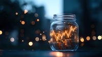 Glowing stock market chart line inside glass jar with magical bokeh lights in background, concept of financial growth and investment success.