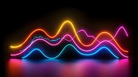 Glowing neon waves in vibrant yellow, pink, and blue colors creating dynamic curves and lines against dark background with colorful reflections on glossy surface.