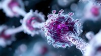 Microscopic view of magenta virus cell with detailed protein spikes floating in blue ethereal space, scientific medical visualization showing pathogen structure.