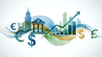 Financial growth concept with bank building, currency symbols, rising charts and city skyline in flowing design for business presentations.