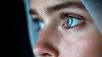 Close up macro shot of bright blue eye with natural freckles and long eyelashes in dramatic lighting, showing skin texture and eye detail in artistic portrait.