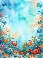 Watercolor underwater ocean frame with colorful crabs, coral reef, seaweed and marine life creating decorative border for summer beach designs.