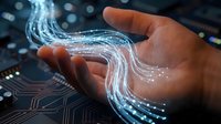 Digital data stream flowing from human hand with glowing light trails and circuit board background representing technology innovation and connectivity.