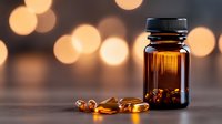 Amber glass supplement bottle with omega-3 or vitamin D capsules on wooden surface against blurred warm bokeh lights background. Wellness and health concept.