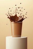 Dynamic chocolate milk splash bursting from disposable cup on white pedestal against beige background, creating dramatic crown-shaped liquid explosion.