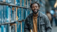Young African American man with dreadlocks smiling in library surrounded by blue books, student lifestyle and education concept for academic success.