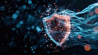 Glowing shield with digital particles and streaming light effects against dark background creates futuristic cybersecurity concept visualization.