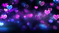 Glowing pink and blue heart shapes floating on dark background with bokeh effect and sparkles, romantic Valentine's Day abstract love concept for greeting cards.