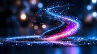 Magical glowing spiral path with sparkling particles in blue and pink colors against dark background with bokeh lights, creating ethereal atmosphere.