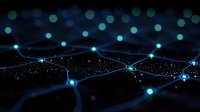 Glowing blue network connections on dark background with bokeh light effects and connecting dots representing digital technology and communication.