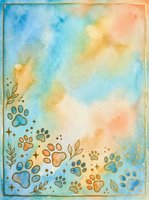 Watercolor background with paw prints and botanical elements in warm and cool tones, suitable for pet-related designs, greeting cards, and animal-themed projects.