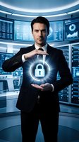 Professional businessman in suit holding glowing digital security lock icon in futuristic control room with data screens for cybersecurity and technology concepts.