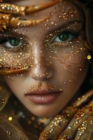 Close-up portrait of woman with turquoise eyes and gold glitter makeup on face, surrounded by shimmering golden fabric for fashion editorial.