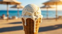 Vanilla ice cream cone melting in summer heat with beach umbrellas and ocean view in background, perfect for food and travel marketing.