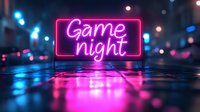Bright pink neon sign displaying Game night text on wet pavement with colorful bokeh lights creating atmospheric entertainment backdrop for social gatherings.