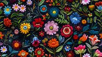 Vibrant folk art floral pattern with colorful daisies, tulips and wild flowers on dark background. Seamless repeat design for fabric, wallpaper and surface patterns.