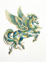 Ornate winged horse with gold and teal decorative patterns, isolated on transparent background. Ready for t-shirts, stickers, clipart, sublimation, and print-on-demand designs.