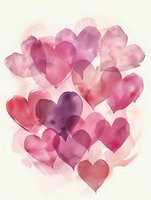 Delicate watercolor hearts in shades of pink and purple create a romantic composition on light background, soft transparent overlapping shapes for Valentine's designs.