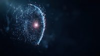 Glowing digital sphere with connected dots and lines forming network grid against dark background, representing global technology and artificial intelligence concepts.