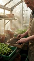 Senior Caucasian male gardener planting seedlings in greenhouse with terracotta pots and wooden shelves for organic farming and sustainable agriculture.