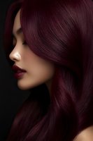 Profile of Asian woman with glossy burgundy hair and matching lipstick against dark background, showcasing luxurious hair color for salon advertising.