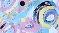 Vibrant abstract composition featuring swirling brushstrokes in pink, blue, yellow, and purple with circular motifs and dotted accents. Suitable for backgrounds, wall art, and creative design projects.