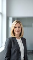 Professional blonde businesswoman in gray suit smiling confidently in modern office environment for corporate and career success concepts.