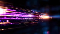 Glowing purple and orange light trails with binary code elements create dynamic motion effect against dark background, suggesting digital data transfer and connectivity.