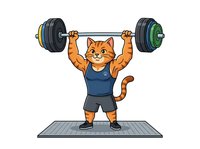 Orange cat athlete wearing blue tank top and gray shorts, lifting heavy barbell with blue and green weight plates while standing on gray platform. Isolated cartoon character suitable for fitness, gym, sports, and motivational design projects.