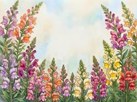 Watercolor snapdragon flowers in pink, purple, orange and yellow framing a soft sky background with copy space for text.