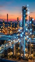 Industrial oil refinery plant with digital network connections and glowing data streams at sunset for smart manufacturing and automation concepts.