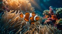 Clownfish swimming among anemone tentacles in vibrant coral reef ecosystem with sunlight filtering through water, suitable for marine life and ocean conservation content.