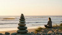 Zen stone stack on beach at sunset with woman meditating in background, peaceful ocean waves, mindfulness and balance concept for wellness and relaxation.