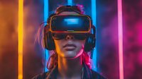 Young woman wearing virtual reality headset and headphones in neon-lit environment with vibrant yellow, blue and pink lighting creating futuristic cyberpunk atmosphere.