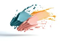 Dynamic smeared cosmetic texture in teal, coral and orange tones floating against white background, makeup product sample swatches with splatter effect.