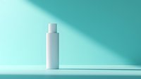 White cosmetic bottle on mint green background with dramatic diagonal shadow, minimalist product photography for beauty and skincare marketing.