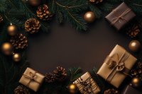 Festive Christmas border with wrapped gifts, golden ornaments, pine cones and fir branches on dark background, creating elegant holiday frame with copy space.