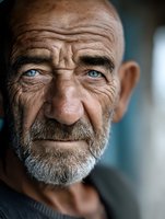 Close-up portrait of elderly Caucasian man with deep wrinkles, gray beard and piercing blue eyes showing wisdom and life experience in natural lighting.