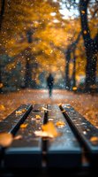 Wooden park bench with fallen autumn leaves in rain, blurred orange foliage background and walking figure creates dreamy atmospheric scene for seasonal designs.