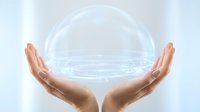 Protective hands holding glowing transparent sphere with digital holographic display for technology and innovation concepts in business presentations.