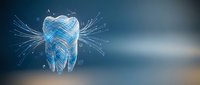 Digital tooth hologram with glowing blue wireframe structure and light rays on blurred background for dental technology and healthcare innovation concepts.