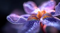 Delicate purple iris flower with water drops in morning light, showing intricate petal details and natural bokeh effect, creating dreamy macro photography atmosphere.