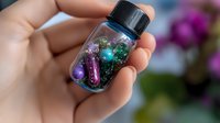 Small glass bottle filled with colorful glitter, sparkles and tiny crystals held in hand against blurred floral background, creating magical potion aesthetic.