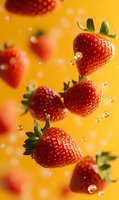 Fresh strawberries floating in air with water droplets against vibrant yellow background, creating dynamic food composition for advertising or menu design.