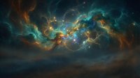 Cosmic nebula with swirling clouds of turquoise, gold, and orange gas illuminated by stellar light, creating an ethereal space scene for astronomy and science backgrounds.