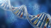 DNA double helix structure with colorful genetic code segments on blue molecular background for medical research and biotechnology applications.