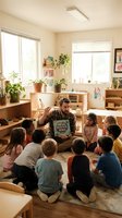 Male teacher reading story to diverse group of young children sitting on floor in bright, plant-filled classroom with natural light from windows, wooden furniture and shelving for educational activities.