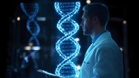 Male scientist in lab coat examining glowing blue DNA helix structure in dark laboratory environment with digital technology visualization.